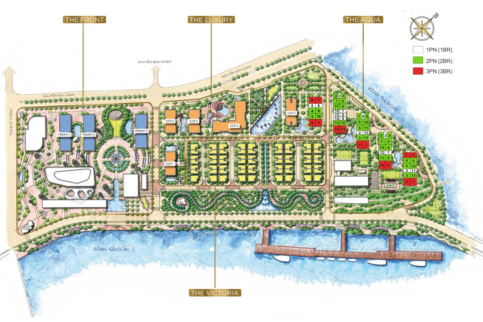 Sơ đồ tổng thể các phân khu The Aqua, The Luxury và The Front tại Vinhomes Golden River