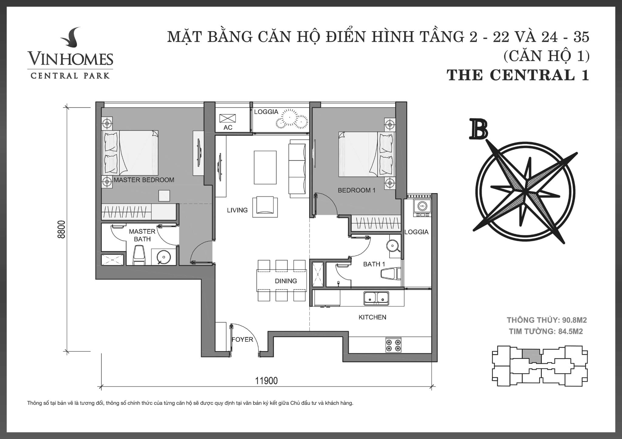 Layout căn C1-01 tại Central 1